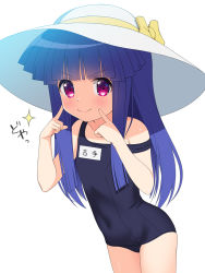 &gt;:) 1girl bare_arms bare_shoulders blue_hair blunt_bangs closed_mouth commentary_request furude_rika gaou_(babel) hands_up hat higurashi_no_naku_koro_ni long_hair old_school_swimsuit red_eyes school_swimsuit simple_background smile solo sparkle strap_slip sun_hat swimsuit v-shaped_eyebrows very_long_hair white_background white_hat rating:Sensitive score:22 user:danbooru