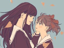  2girls 55bata6rou black_hair black_shirt blue_background brown_eyes brown_hair eye_contact face-to-face from_side fukuzawa_yumi ginkgo_leaf hair_ribbon hand_on_another&#039;s_face highres leaf lillian_girls&#039;_academy_school_uniform long_hair long_sleeves looking_at_another maria-sama_ga_miteru multiple_girls neckerchief ogasawara_sachiko red_ribbon ribbon sailor_collar school_uniform shirt smile twintails upper_body white_neckerchief white_sailor_collar wind yuri 