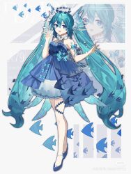  1girl :d animal aqua_hair arm_up baiyuyi bare_shoulders blue_eyes blue_halo chinese_commentary commentary_request dated dress fish full_body gem hair_between_eyes halo hand_up hatsune_miku highres long_hair looking_at_viewer open_mouth pearl_(gemstone) purple_dress shoulder_tattoo smile solo standing tattoo twintails very_long_hair vocaloid watermark waving xiaohongshu_watermark zoom_layer  rating:General score:3 user:danbooru