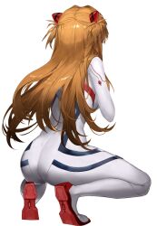  1girl artist_collaboration ass bodysuit breasts brown_hair curvy evangelion:_3.0+1.0_thrice_upon_a_time goddess_of_victory:_nikke highres holding holding_weapon huge_ass interface_headset_(evangelion) long_hair mecha_pilot_suit neon_genesis_evangelion official_art plugsuit_(evangelion) rebuild_of_evangelion ryona shiny_clothes simple_background skin_tight souryuu_asuka_langley squatting third-party_edit transparent_background two_side_up very_long_hair weapon white_bodysuit wide_hips 
