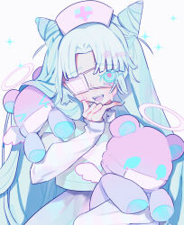  &gt;_&lt; 1girl absurdres aomi_(aoiro3) apron blue_eyes blue_hair commentary cone_hair_bun cross dress eyepatch hair_bun hat highres long_hair long_sleeves mask medical_eyepatch mouth_mask nail_polish nurse nurse_cap open_mouth original red_cross smile solo stuffed_animal stuffed_toy surgical_mask sweatdrop symbol-only_commentary teddy_bear yami_kawaii 