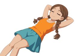  1girl braid brown_hair closed_eyes highres kingo long_hair original skirt smile solo tank_top transparent_background twin_braids twintails 