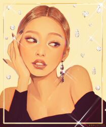  1girl anajuise artist_name bare_shoulders black_nails blackpink brown_hair commentary diamond_(gemstone) earrings eyeshadow hand_on_own_face jennie_(blackpink) jewelry k-pop long_sleeves looking_to_the_side makeup mascara parted_lips ponytail real_life solo sparkle upper_body 