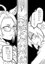  6+girls ^^^ ahoge animal_ears blush_stickers commentary ear_covers freckles fullmetal_alchemist glasses gold_city_(umamusume) greyscale hair_intakes head_tilt highres horse_ears horse_girl i_hate_kids_with_good_instincts_like_you_(meme) ines_fujin_(umamusume) mejiro_ryan_(umamusume) meme monochrome multiple_girls name_connection sakura_chiyono_o_(umamusume) sideways_glance sketch speech_bubble takenoko_(rakugaki_chou) tamamo_cross_(umamusume) translated tucker_bryne_(umamusume) umamusume visor_cap 