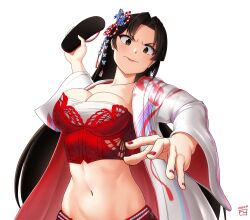  1girl breasts brown_hair cleavage fatal_fury female_focus finalcake frown highres holding holding_sandals large_breasts long_hair looking_at_viewer navel official_alternate_costume official_alternate_hairstyle red_nails sandals shiranui_mai solo stomach street_fighter street_fighter_6 throwing 