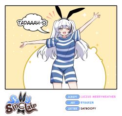  1girl :d animal_ear_hairband animal_ears arm_up artist_name black_hairband black_streaks blue_eyes blue_one-piece_swimsuit border bright_pupils character_name commentary double-parted_bangs english_commentary english_text fake_animal_ears fang hairband highres long_hair looking_at_viewer merryweather multicolored_hair old-fashioned_swimsuit one-piece_swimsuit one_eye_closed open_mouth original rabbit_ear_hairband rabbit_ears ryuuxin sally_sinclair short_sleeves smile solo speech_bubble star_(symbol) streaked_hair striped_clothes striped_one-piece_swimsuit swimsuit two_side_up white_border white_hair white_one-piece_swimsuit white_pupils yellow_background 