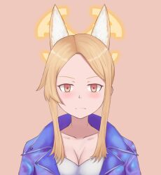  1girl animal_ears bandeau blonde_hair blue_archive breasts cleavage collarbone commission cosplay cross_halo empty_eyes forehead fox_ears fox_girl goddess_of_victory:_nikke gradient_eyes grzegorz1996 halo highres holographic_clothing jacket long_hair looking_at_viewer multicolored_eyes purple_jacket seia_(blue_archive) sin_(nikke) sin_(nikke)_(cosplay) solo tanezaki_atsumi voice_actor_connection white_bandeau yellow_eyes yellow_halo 