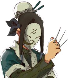  1boy androgynous blue_kimono brown_hair hair_bun hair_ornament hair_stick haku_(naruto) isaacchief300 japanese_clothes kimono long_hair long_sleeves mask naruto_(classic) naruto_(series) needle ribbed_sweater solo sweater turtleneck upper_body white_background  rating:General score:1 user:danbooru