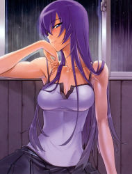 1girl armpits bare_shoulders blue_eyes breasts busujima_saeko camisole cleavage female_focus fingernails head_rest highres highschool_of_the_dead long_fingernails long_hair looking_at_viewer purple_hair rain satou_shouji scan skirt smile solo unbuttoned window rating:Sensitive score:137 user:danbooru
