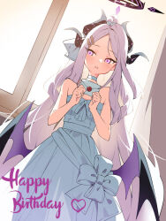  1girl ahoge black_halo blue_archive blush breasts demon_girl demon_horns demon_wings dress halo happy_birthday hina_(blue_archive) horns indoors long_hair looking_at_another purple_eyes small_breasts solo standing suimz white_dress white_hair wings 