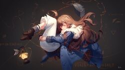  1girl absurdres ankle_boots artist_name blue_coat boots brown_boots brown_hair changi_16 closed_eyes closed_mouth coat dark_background double_bun dress floating full_body grey_hat hair_bun hat highres hofmann_knot hugging_own_legs knees_to_chest lantern legs_over_head long_dress long_hair marcus_(reverse:1999) mole mole_under_eye newsboy_cap reverse:1999 scarf socks solo string unworn_hat unworn_headwear very_long_hair white_dress white_scarf white_socks 