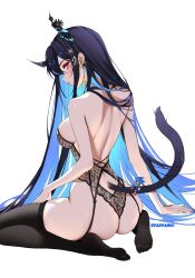  1girl alternate_costume ass asymmetrical_horns bare_shoulders black_hair black_thighhighs blue_hair breasts colored_inner_hair commentary english_commentary flower flower_knot fortissimo from_behind glance hair_ornament hairclip highleg highleg_leotard highres hololive hololive_english horn_flower horns lace_leotard leotard long_hair looking_at_viewer looking_back median_furrow mole mole_under_eye multicolored_hair musical_note musical_note_hair_ornament nerissa_ravencroft no_shoes nyanyaqwi red_eyes shoulder_blades sideboob sidelocks simple_background sitting small_breasts soles solo sonic_(series) sonic_the_hedgehog straight_hair tassel tassel_hair_ornament thighhighs uneven_horns very_long_hair virtual_youtuber white_background 