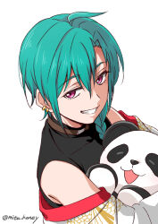  1other black_shirt braid choker earrings eyelashes grin hair_between_eyes highres hikari_(mitsu_honey) jewelry looking_at_viewer nijisanji other_focus ryuushen ryuushen_(3rd_costume) shirt simple_background sleeveless sleeveless_shirt smile solo stuffed_animal stuffed_panda stuffed_toy twitter_username virtual_youtuber white_background 