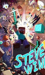  1boy 1girl absurdres arm_up backlighting block_(minecraft) blue_eyes crazy_hand dharkon english_text explosion galeem ghast highres holding holding_pickaxe holding_sword holding_weapon ishijimajirou master_hand minecraft minecraft_pickaxe minecraft_sword nintendo pickaxe princess_zelda sitting steve_(minecraft) super_smash_bros. sword weapon 