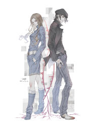  1boy 1girl back-to-back belt black_hair boots brown_hair denim dress expressionless hat highres jacket jewelry long_hair looking_at_viewer newsboy_cap nitta_isamu ring ryokuyuu shin_megami_tensei shin_megami_tensei_iii:_nocturne tachibana_chiaki_(megami_tensei) 