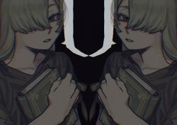 2girls alternate_costume alternate_eye_color alternate_hair_color atsuko_(222atuko) black_background black_dress blonde_hair blue_eyes book cevio commentary dress dual_persona grin hair_over_one_eye holding holding_book kamitsubaki_studio long_bangs long_hair looking_at_viewer multiple_girls red_eyes sekai_(cevio) shinjigen_no_kinjite_(cevio) short_sleeves simple_background smile symbol-only_commentary symmetry upper_body 