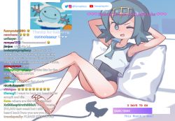 1girl arms_up bare_legs barefoot blue_eyes blue_hair blue_one-piece_swimsuit chat_log covered_navel crying_emoji emoji english_text feet female_focus full_body gen_2_pokemon hair_ornament highres indoors lana_(pokemon) livestream loli looking_at_viewer matching_hair/eyes meme nintendo one-piece_swimsuit one_eye_closed open_mouth orenjipiiru pillow pokemon pokemon_sm shirt short_hair sitting sleeveless smile soles solo swimsuit swimsuit_under_clothes toes twitter_logo uohhhhhhhhh!_(meme) white_shirt wink wooper rating:Sensitive score:152 user:DarkToonLink