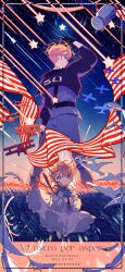  1boy absurdres aged_down ahoge aircraft airplane america_(hetalia) american_flag arm_up axis_powers_hetalia back barefoot belt black-framed_eyewear black_belt black_gloves black_jacket blonde_hair blue_eyes blue_flower blue_sky bouquet child closed_mouth commentary dated dress english_commentary english_text feathers floating_clothes flower frills from_behind fur-trimmed_jacket fur_trim glasses gloves gradient_sky grass grey_jacket grey_pants hair_between_eyes hands_up happy_birthday highres holding holding_bouquet jacket long_sleeves looking_at_viewer looking_back looking_up male_focus multiple_views neck_ribbon night night_sky number_print outdoors pants puffy_long_sleeves puffy_sleeves red_ribbon ribbon semi-rimless_eyewear sheer_candy short_hair sky smile star_(sky) star_(symbol) starry_sky teeth white_dress 