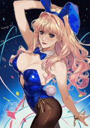  1girl animal_ears bare_shoulders blonde_hair blue_eyes blush bow bowtie breasts cleavage commentary_request detached_collar earrings fake_animal_ears highres jewelry large_breasts leotard long_hair looking_at_viewer macross macross_frontier pantyhose playboy_bunny rabbit_ears rabbit_tail ryu_(masu_nantoka-san) sheryl_nome smile solo strapless strapless_leotard tail wrist_cuffs 