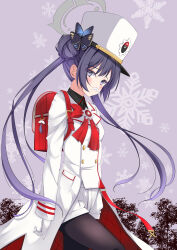  1girl arms_at_sides backpack bag black_hair black_pantyhose black_shirt blue_archive blush breasts butterfly_hair_ornament cherino_(blue_archive) cherino_(blue_archive)_(cosplay) closed_mouth collared_shirt commentary_request cosplay cowboy_shot double_bun eyes_visible_through_hair fake_facial_hair fake_mustache floating_hair from_side frown gloves grey_background grey_eyes grey_halo hair_between_eyes hair_bun hair_ornament halo hat highres jacket kisaki_(blue_archive) long_hair looking_at_viewer military_hat military_uniform pantyhose randoseru red_winter_federal_academy_logo shirt shorts sidelocks simple_background small_breasts snowflakes solo tange_sakura tomosuke twintails very_long_hair voice_actor_connection white_gloves white_hat white_jacket white_shorts 