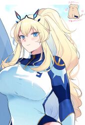  absurdres armband barghest_(fate) barghest_(over_the_same_sky)_(fate) blonde_hair blue_eyes blue_one-piece_swimsuit blush breasts dog fate/grand_order fate_(series) genpachi_(fate) heart highres horns large_breasts long_hair math_mol_bb narrow_waist one-piece_swimsuit orange_eyes ponytail smile spoken_heart surfboard swimsuit white_one-piece_swimsuit 