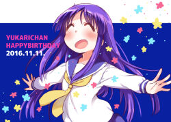 1girl 2016 blue_sailor_collar blush character_name closed_eyes commentary_request dated english_text flower_symbol happy_birthday highres hinata_yukari long_hair long_sleeves neckerchief open_mouth outstretched_arms purple_hair sailor_collar school_uniform serafuku shirt smile solo spread_arms tatsunokosso upper_body white_shirt winter_uniform yellow_neckerchief yuyushiki yuyushiki&#039;s_school_uniform