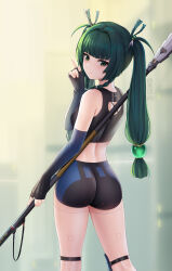  1girl android ass bike_shorts black_gloves breasts cowboy_shot elbow_gloves fingerless_gloves gloves green_eyes green_hair hair_ornament highres holding holding_staff holding_weapon index_finger_raised loli long_hair looking_at_viewer midriff qingyi_(zenless_zone_zero) shibanme_tekikumo small_breasts solo staff twintails very_long_hair weapon zenless_zone_zero  rating:Sensitive score:58 user:danbooru