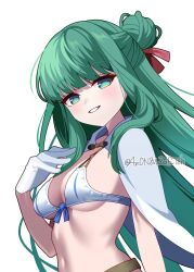  1girl 4rion absurdres bikini blue_bow blush bow bow_bikini breasts cape commentary_request floating_hair gloves green_eyes green_hair grin hair_bun hair_ribbon half_updo hand_up highres long_hair looking_at_viewer medium_breasts navel nukigee_mitai_na_shima_ni_sunderu_watashi_wa_dou_surya_ii_desu_ka? red_ribbon reizeiin_touka ribbon simple_background single_hair_bun smile solo stomach swimsuit twitter_username upper_body very_long_hair white_background white_bikini white_cape white_gloves 