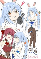  2girls :d animal_ear_fluff animal_ears bare_shoulders black_gloves black_leotard blue_hair bow braid breasts brown_leotard brown_pantyhose carrot_hair_ornament commentary_request covered_navel cropped_jacket detached_sleeves don-chan_(usada_pekora) dress fang food-themed_hair_ornament fur-trimmed_dress fur-trimmed_gloves fur_trim gloves hair_bow hair_ornament hand_on_own_hip heart heterochromia highres hololive houshou_marine houshou_marine_(1st_costume) jacket kiritoma leotard leotard_under_clothes long_hair medium_breasts multiple_girls open_mouth orange_eyes pantyhose pleated_skirt puffy_short_sleeves puffy_sleeves rabbit-shaped_pupils rabbit_ears red_eyes red_hair red_jacket red_skirt shoes short_sleeves signature simple_background skirt sleeveless sleeveless_jacket smile strapless strapless_dress strapless_leotard symbol-shaped_pupils twin_braids twintails usada_pekora usada_pekora_(1st_costume) very_long_hair white_background white_bow white_dress white_gloves white_shoes white_sleeves 