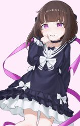  1girl 2024 absurdres black_hair child fallenshadow highres indie_virtual_youtuber notmirumiruchan pink_background pink_ribbon purple_eyes ribbon sailor_fuku solo virtual_youtuber 