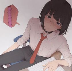  1boy ai-assisted aibenzaiten anal anal_beads black_eyes black_hair collar glasses male_focus medium_hair necktie original pants salaryman sex_toy sitting trap  rating:Questionable score:55 user:danbooru