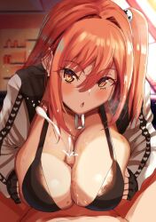 araimooah bikini black_bikini blush breasts cum dead_or_alive dead_or_alive_5 erection fingerless_gloves gloves hair_between_eyes hair_ornament heart heart_print hetero honoka_(doa) huge_breasts jacket looking_at_viewer official_alternate_costume open_clothes open_jacket open_mouth paizuri paizuri_under_clothes penis pink_hair pov red_eyes side_ponytail swimsuit 