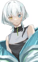  1girl bang_dream! bang_dream!_it&#039;s_mygo!!!!! black_shirt blue_eyes blue_jacket commentary heterochromia highres jacket kaname_raana medium_hair off_shoulder shirt simple_background sleeveless sleeveless_shirt solo sweet_insomnia upper_body white_background white_hair wolf_cut yellow_eyes 