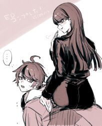  ... 1boy 1girl ahoge ass assertive_female blush_stickers commentary dated dress glasses highres hood hood_down jacket long_hair looking_at_another multicolored_hair profile round_eyewear shizuhara_hiruko short_hair sitting sitting_on_person skr_umum smile streaked_hair sumino_takumi swept_bangs symbol-only_commentary the_hundred_line_-last_defense_academy- translation_request two-tone_hair 