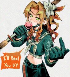  1girl aerith_gainsborough aerith_gainsborough_(midgard_seventh_high_school) bandaged_chest black_gloves black_sailor_collar black_shirt black_skirt blowing_bubble_gum blush breasts chewing_gum colored_eyelashes crop_top delinquent english_text final_fantasy final_fantasy_vii final_fantasy_vii_ever_crisis floral_print flower furrowed_brow gloves green_eyes grey_neckerchief hair_flower hair_ornament hair_ribbon holding holding_staff jeremr long_hair looking_at_viewer medium_breasts midriff neckerchief official_alternate_costume over_shoulder parted_bangs red_hair red_ribbon ribbon sailor_collar school_uniform shinai shirt side_ponytail sidelocks skirt solo staff sukeban sword upper_body weapon weapon_over_shoulder white_flower 