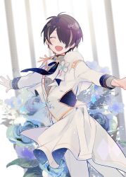  1boy :d black_hair black_undershirt blazer blonde_hair buttons closed_eyes coattails cowboy_shot diamond_button ensemble_stars! facing_viewer grey_shirt hair_over_one_eye happy highres inomahe jacket lapels long_sleeves male_focus multicolored_hair open_mouth outstretched_arms pants sengoku_shinobu shirt short_hair smile solo standing turtleneck two-tone_hair white_jacket white_pants 