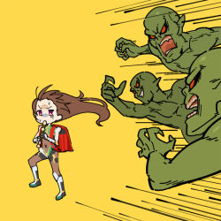  4boys androgynous backpack bag bodysuit brown_hair chibi covered_navel disgust emphasis_lines fleeing floating_hair flute full_body holding holding_flute holding_instrument imminent_penetration imminent_rape instrument jumping kyoufuu_all_back_(vocaloid) leotard long_hair looking_ahead looking_at_another multicolored_leotard multiple_boys orc parody pectorals pink_eyes pursuit randoseru recorder simple_background sweat taimanin_(series) taimanin_rpgx taimanun trap uehara_shikanosuke wide_hips yellow_background you_gonna_get_raped 