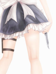 1girl back bad_id bad_pixiv_id bow close-up female_focus from_behind holster izayoi_sakuya kneepits knife maid nishi_masakazu nishimasa_hito no_lineart simple_background skirt solo thigh_holster thigh_strap thighs touhou white_background rating:Sensitive score:14 user:danbooru