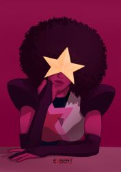  1girl afro artist_name breasts bridal_gauntlets brown_hair colored_skin commentary garnet_(steven_universe) head_rest highres mask medium_breasts mr_andres0n purple_background purple_skin solo steven_universe upper_body 