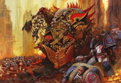  6+boys adeptus_astartes after_battle alexboca angron angry antennae architecture armor armored_boots army artist_name axe bald bisected black_hair blood blood_on_armor blood_on_ground bloody_weapon blue_armor boots breastplate building butchers_nails cable cable_hair cape chain chain_around_arm chainsaw chainsword chaos_space_marine clenched_teeth commentary corpse death dreadnought_(warhammer_40k) eagle_head_(ornament) english_commentary facepaint fighting_stance fire flag full_armor full_body fur-trimmed_cape fur_trim gauntlets gold_armor greaves gun heavy_bolter helmet highres holding holding_axe holding_bolter holding_chain holding_chainsaw holding_detached_head holding_flag holding_gun holding_polearm holding_sword holding_weapon horned_armor imperial_aquila industrial knife_belt long_hair male_focus military_uniform military_vehicle motor_vehicle multiple_boys no_headwear on_rock open_mouth ornate_armor ornate_axe ornate_weapon outdoors pale_skin pauldrons pelt pelvic_curtain polearm power_armor power_lines primarch pteruges red_armor scabbard scar scar_on_face science_fiction screaming severed_arm severed_head severed_limb sheath sheathed shoulder_armor shoulder_pads shoulder_spikes signature skull skull_belt skull_ornament sky skyscraper spiked_axe spiked_pauldrons spikes sword tank teeth terminator_armor tower vambraces war warhammer_40k weapon white_armor wire world_eaters yellow_sky 