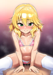  1boy 1girl blonde_hair blush bow bow_bra bow_panties bra clothed_female_nude_male clothing_aside collarbone cowgirl_position dark_penis flat_chest girl_on_top gradient_background green_eyes hadacra hetero idolmaster idolmaster_cinderella_girls lace lace-trimmed_bra lace-trimmed_panties lace_trim lingerie loli looking_at_viewer medium_hair navel nude panties panties_aside penis pink_bra pink_panties pov pov_crotch pussy_juice sakurai_momoka sex sidelocks simple_background smile solo_focus steam straddling sweat thighhighs uncensored underwear vaginal white_bow white_thighhighs 