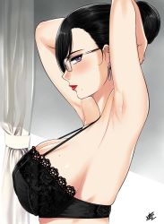  1girl armpit_stubble armpits arms_behind_back arms_up artist_name black_bra black_hair blush bra breasts cleavage curtains earrings eyelashes female_focus from_side glasses hair_bun hair_over_one_eye half-closed_eyes highres huge_breasts indoors jewelry lace lace_bra large_breasts lingerie lipstick looking_at_viewer makeup mascara mature_female mole mole_on_breast mole_under_mouth nose original purple_eyes red_lips sideboob single_hair_bun skindentation solo underwear upper_body xter  rating:Sensitive score:364 user:danbooru