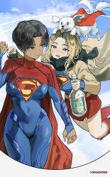  2girls absurdres blonde_hair blue_eyes bodysuit cape dark_skin drunk flying highres multiple_girls open_mouth park_ongjol red_skirt skirt supergirl superhero_costume tomboy white_dog 