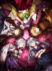  5girls blonde_hair blue_bow blue_hair blue_hat bow bowtie brown_bow brown_dress brown_hair closed_eyes closed_mouth commentary_request cover cover_page doll dress extra_eyes feathered_wings flower green_kimono grey_hair hair_bow hair_flower hair_ornament hakama hakama_skirt hat hieda_no_akyuu highres holding holding_unworn_clothes holding_unworn_hat jacket japanese_clothes kamishirasawa_keine kimono kishin_sagume knife kurodani_yamame kutsuki_kai long_hair long_sleeves lying multicolored_hair multiple_girls novel_cover on_back open_clothes open_jacket purple_dress purple_eyes purple_hair red_bow red_bowtie red_hakama short_hair short_sleeves single_wing skirt star_sapphire suit_jacket touhou two-tone_hair unworn_hat unworn_headwear very_long_hair white_hair white_wings wide_sleeves wings yellow_kimono 