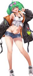  1girl :d absurdres aoki_hiro black_coat black_panties blue_shorts brown_eyes coat collarbone commentary fang full_body green_hair highres long_sleeves looking_at_viewer macross macross_frontier medium_hair micro_shorts navel open_fly open_mouth panties ranka_lee shirt shoes shorts simple_background smile sneakers solo standing thighs underwear white_background white_shirt white_shoes 