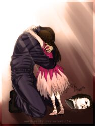  1boy 1girl 2013 age_difference brown_hair child halloween_(movie) height_difference hug jamie_lloyd kneeling mashuradi michael_myers size_difference standing uncle_and_niece white_mask 