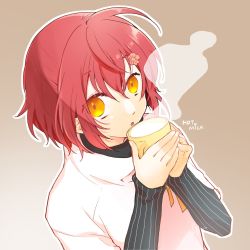  1boy 2hands1cup :o black_sweater brown_background cowlick cup dutch_angle english_text gradient_background hair_between_eyes hanasaki_miyabi hanasaki_miyabi_(1st_costume) highres holding holding_cup holostars layered_sleeves long_sleeves looking_at_viewer looking_up male_focus milk orange_eyes outline red_hair shirt shizaki_asuka short_hair short_over_long_sleeves short_sleeves simple_background sleeves_past_wrists solo steam sweater upper_body virtual_youtuber white_outline white_shirt 
