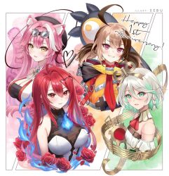  4girls absurdres ahoge animal_ear_fluff animal_ear_hood animal_ears ascot beret black_tube_top blonde_hair blue_fire blue_hair blush breasts brown_hair cecilia_immergreen cecilia_immergreen_(1st_costume) cleavage colored_inner_hair corset doll_joints dress elizabeth_rose_bloodflame elizabeth_rose_bloodflame_(1st_costume) eyeshadow fake_animal_ears fire fire_on_chest gigi_murin gigi_murin_(1st_costume) goggles goggles_on_head green_corset green_eyes green_hair green_streaks grey_hair hair_intakes hair_through_hood hat highres holoadvent holojustice hololive hololive_english hood hooded_shrug hoodie huge_ahoge joints large_breasts long_hair looking_at_viewer makeup multicolored_hair multiple_girls open_mouth orange_hood orange_hoodie orange_shrug panther_ears panther_girl panther_tail pink_eyes pink_eyeshadow pink_hair raora_panthera raora_panthera_(1st_costume) red_eyes red_hair romper sebu_illust shirt short_hair shrug_(clothing) simple_background smile strapless strapless_romper streaked_hair tail tube_top twintails two-tone_hair very_long_hair vest virtual_youtuber white_ascot white_background white_dress white_hair white_unitard white_vest winding_key yellow_eyes 
