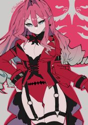  1girl absurdres baobhan_sith_(fate) breasts cernunnos_(fate) cleavage drill_hair earrings fate/grand_order fate_(series) frexdniteart garter_straps gradient_hair grey_eyes grey_hair highres jewelry large_breasts long_hair multicolored_hair pointy_ears red_hair red_skirt skirt solo 