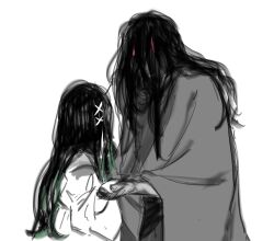  2girls alien_stage black_hair br3adhouse commentary covered_face dress hair_ornament hair_over_face hashtag-only_commentary highres mizi_(alien_stage) multiple_girls partially_colored pink_hair robe sua_(alien_stage) x_hair_ornament 